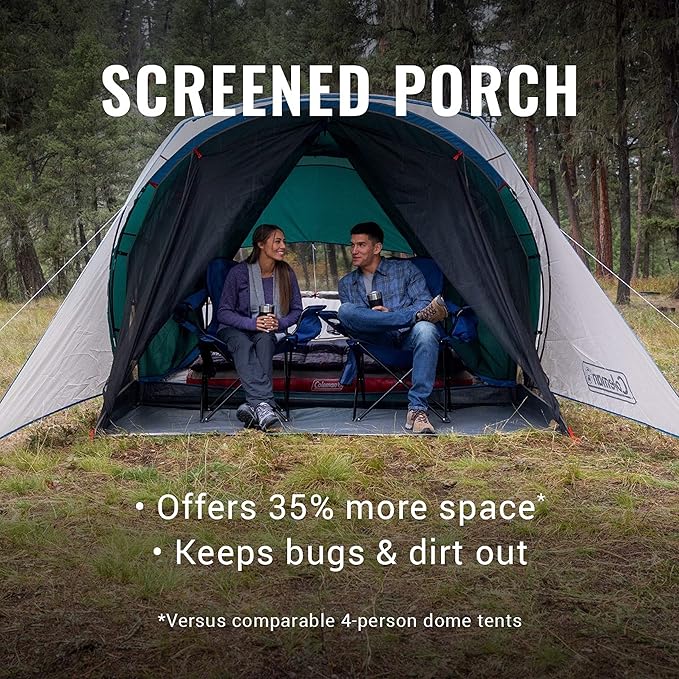 Coleman Weatherproof 4-Person Cabin Tent with Screened Porch, Screen Room Adds 35% More Space, Rainfly Included, 10-Minute Setup