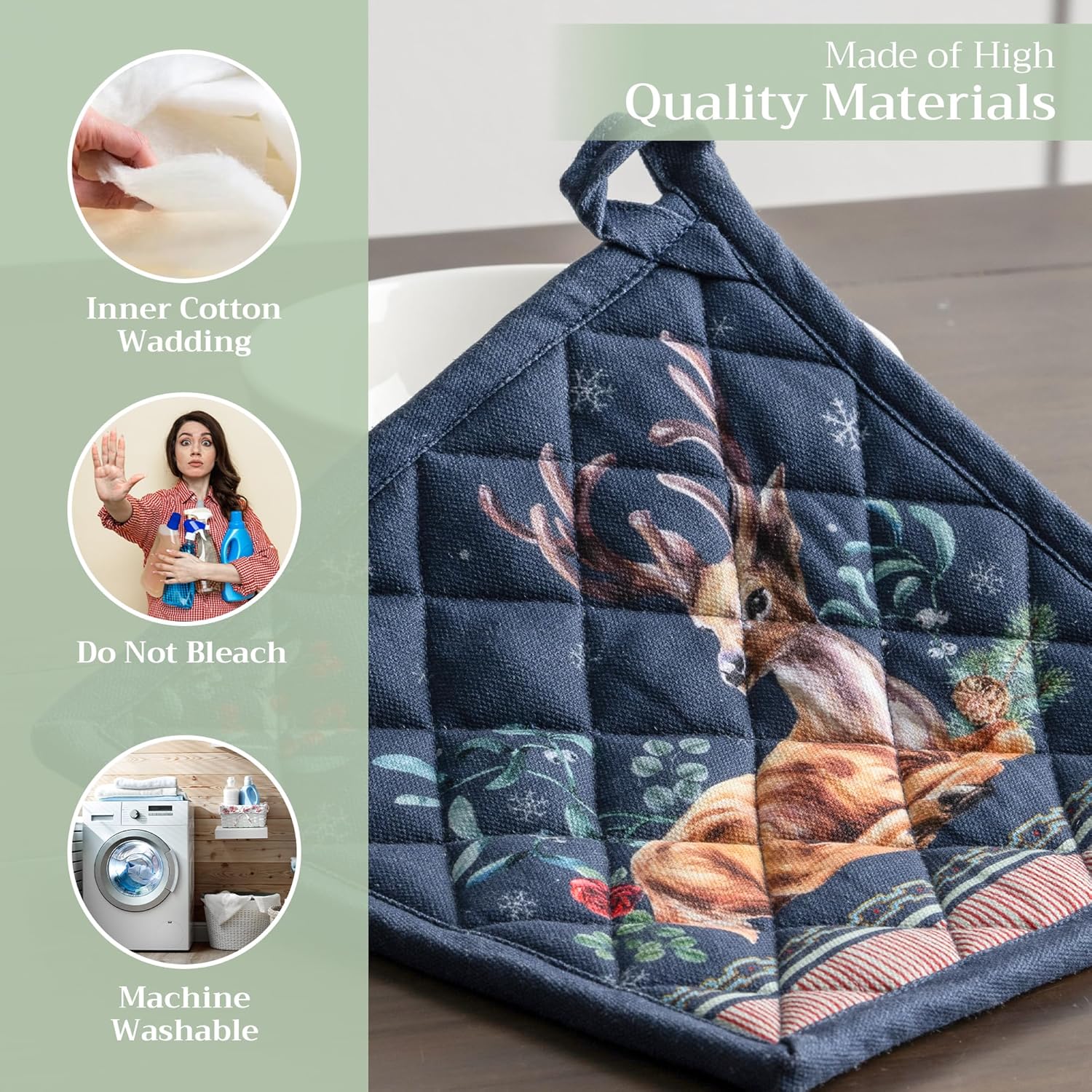 Maison d' Hermine Pot Holders 100% Cotton Heat Resistant Potholders 8" x 8" Hot Pads with Loop BBQ, Cooking, Baking, Grilling, Kitchen, Handling Hot Pans (Pack of 1, Christmas Joy)