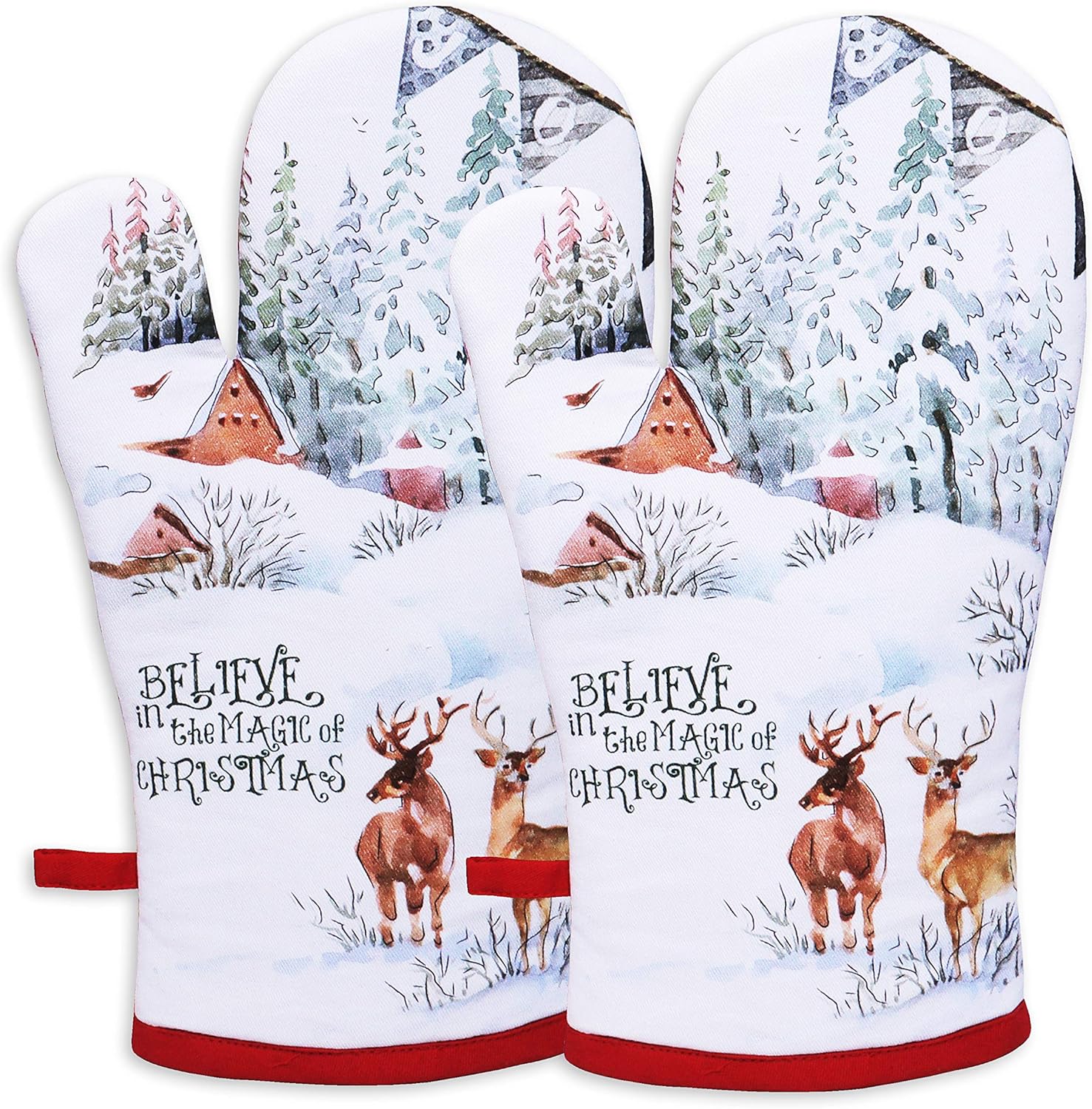 AMOUR INFINI Oven Mitts Set of 1 Quilted Liner with Hanging Loop Non Slip, Heat Resistant, Washable Reusable Oven Mitt Gifts (Christmas Winter 7x13 Inches)