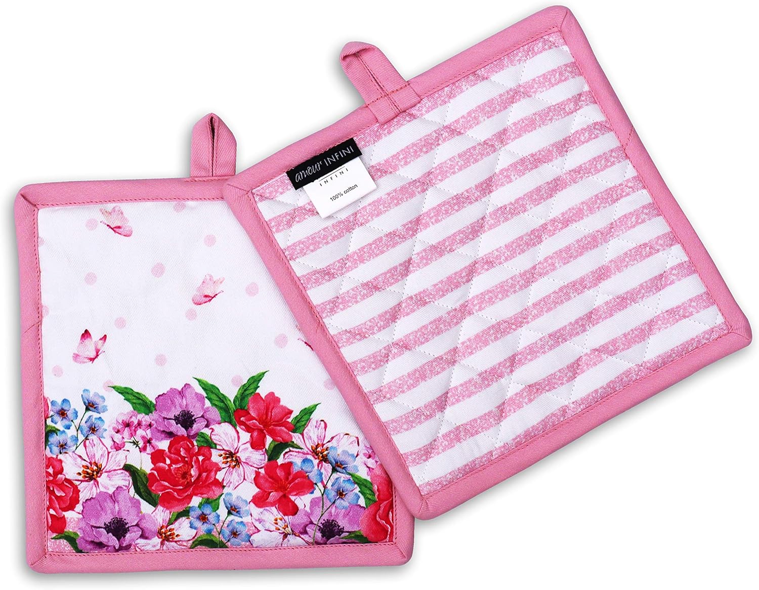 AMOUR INFINI Pot Holders Heat Resistant Cotton Set of 2 Nonslip 8"x8" Inch Hot Pads for Kitchen, BBQ, Baking & Cooking with Hanging Loops (Spring Floral)