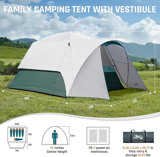 Tents for Camping 6/8/10/11 Person Large Camping Tent with Porch Big Tent with Rainfly & Reflective Windproof Rope Portable with Carry Bag for Family Camping & Hiking