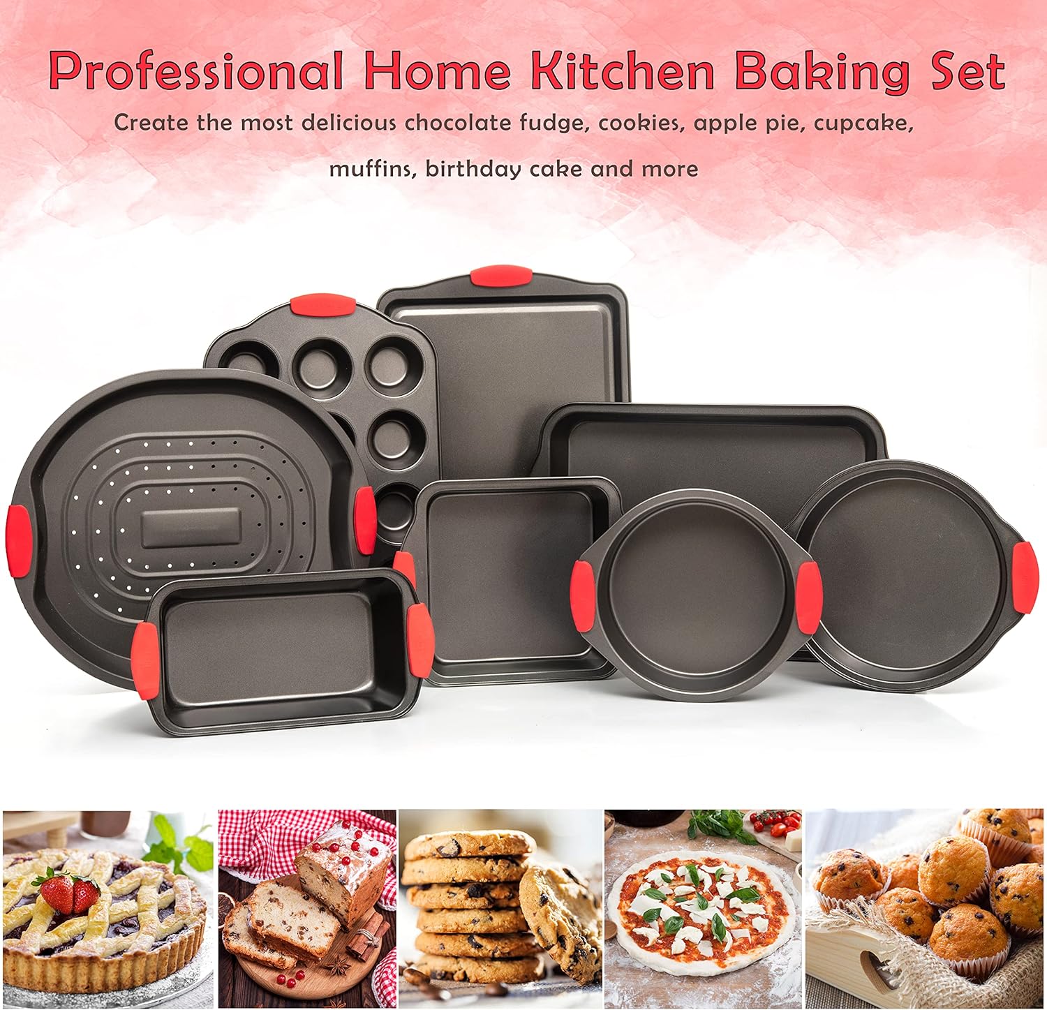 Moss & Stone 9 Piece Baking Pans Set Non Stick, Oven Safe Baking Sheet Set Carbon Steel Non-Stick PTFE Coating, Bakeware Set With Heat Red Silicone Handles, Black Baking Trays For Oven