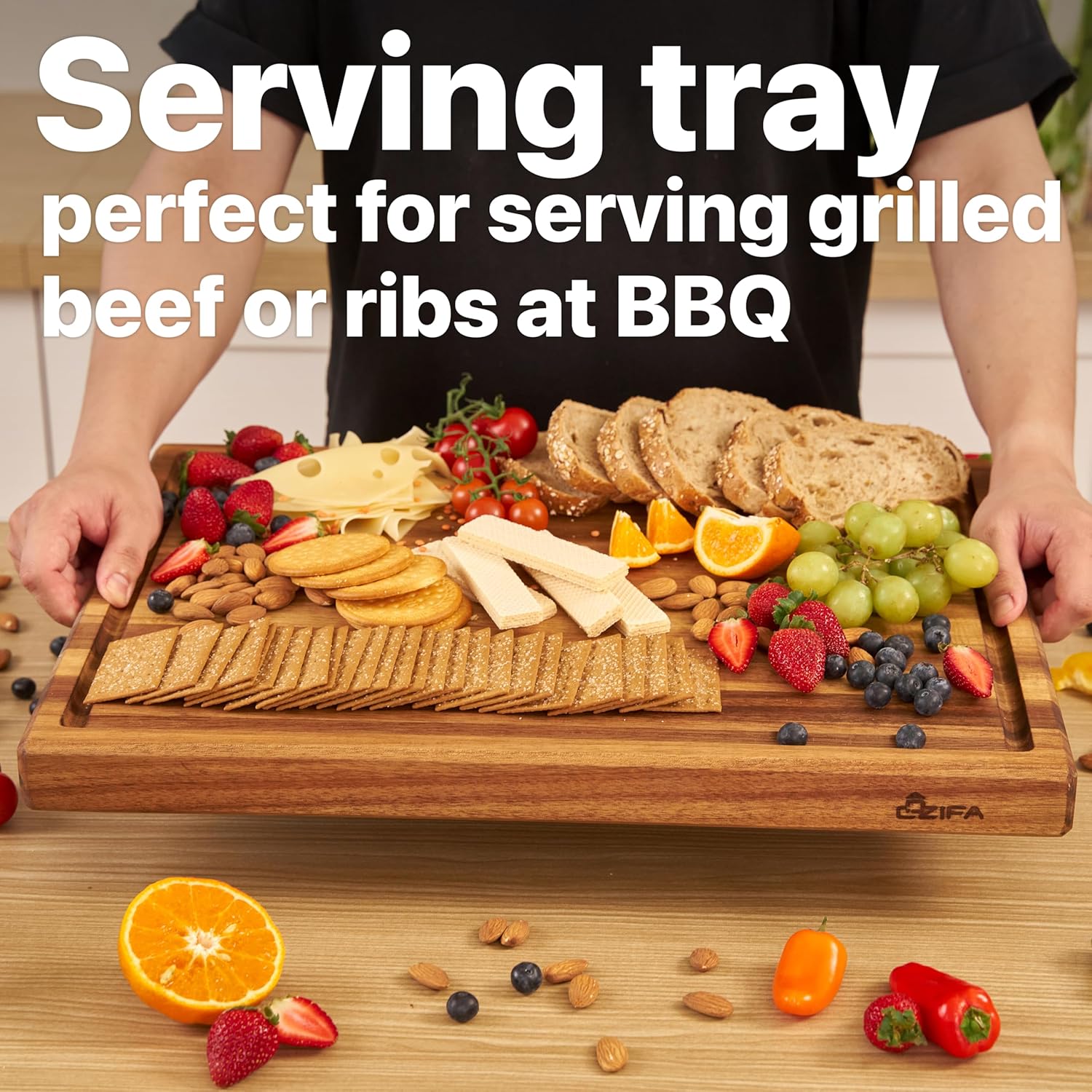 COZIFA- Large Cutting Board Wood Acacia - Thick Wooden Cutting Boards for Kitchen - Wooden Chopping Boards for Kitchen with Juice Groove, Inner Handle, Natural Oil Wax Finish - 17x12 x1.2inches