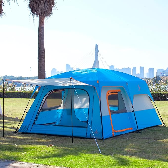 KTT Extra Large Tent 10-12-14 Person(A),Family Cabin Tents,2 Rooms,3 Doors and 3 Windows with Mesh,Straight Wall,Waterproof,Double Layer,Big Tent for Outdoor,Picnic,Camping,Family Gathering