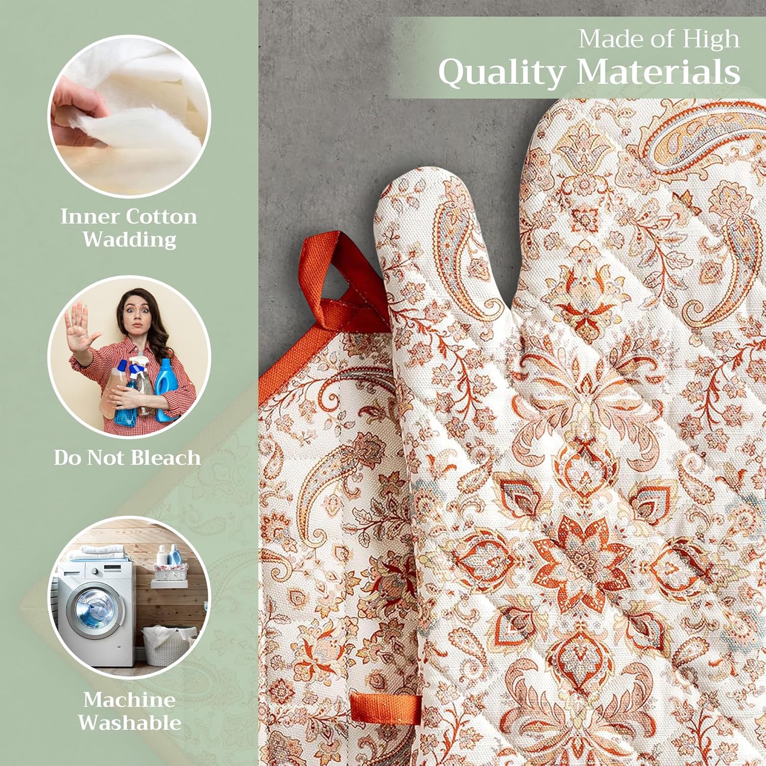 Maison d' Hermine 100% Cotton Oven Mitt & Pot Holder Set (7.5"x13" & 8"x8") Heat Resistant BBQ Cooking Gloves with Loop, Baking, Grilling, Kitchen, Handling Hot Pans (Cachemire)