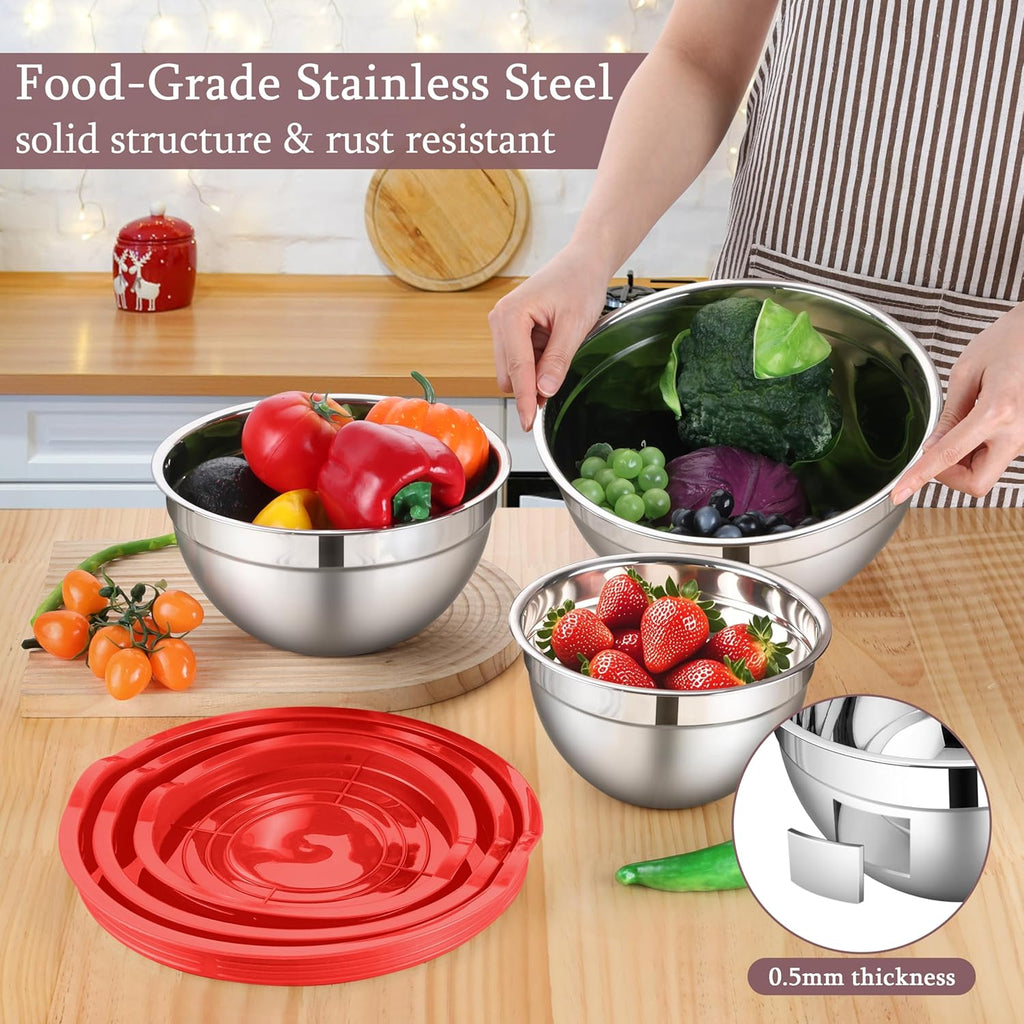 LIANYU Stainless Steel Mixing Bowls with Leak-Proof Lids, 3 Pieces Stainless Steel Deep Nesting Mixing Bowls for Kitchen Cooking, Storage, Baking, 1.5QT & 3QT & 4.6QT, Red