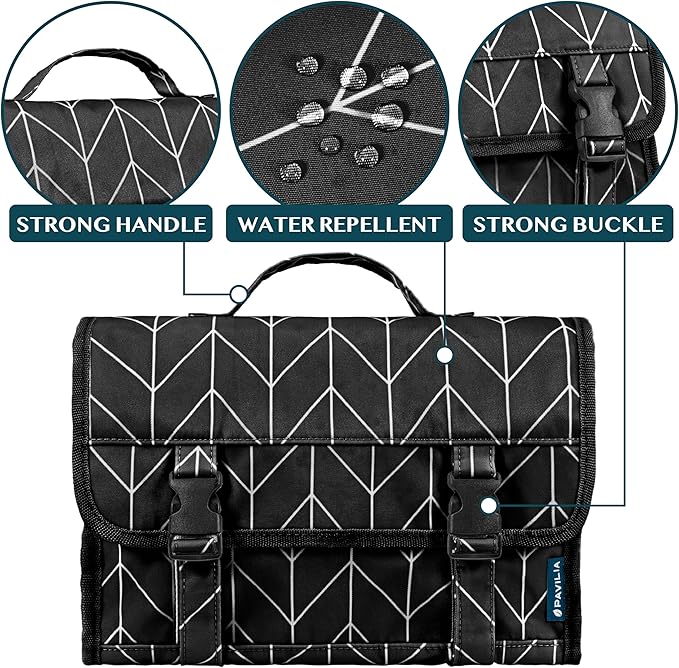 PAVILIA Travel Hanging Toiletry Bag for Women Men, Large Capacity Makeup Bag Kit, Waterproof Cosmetic Storage Organizer Case for Bathroom Shower, Black