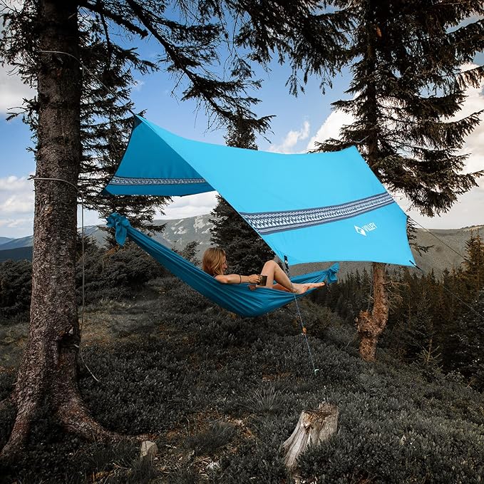 VILLEY Waterproof Hammock Tent Rain Fly, Octagonal Camping Tarp, Sun Shelter for Camping, Backpacking, Hiking, Accessory Includes Stakes, Ropes and Carry Bag (Blue)