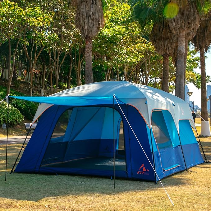 KTT Extra Large Tent 10-12-14 Person(A),Family Cabin Tents,2 Rooms,3 Doors and 3 Windows with Mesh,Straight Wall,Waterproof,Double Layer,Big Tent for Outdoor,Picnic,Camping,Family Gathering