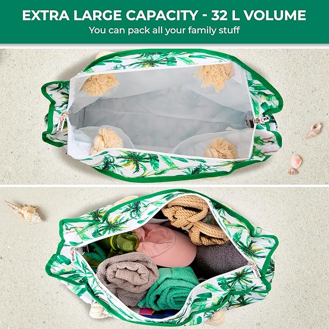 SHYLERO Beach Bag and Pool Bag. Has Airtight Pouch, Ton of Pockets. Beach Tote is Zippered, Water Resistant. Family Size