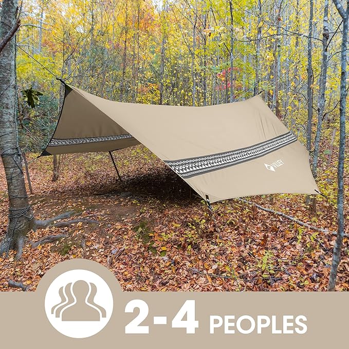 VILLEY Hammock Tent Rain Fly, Octagonal Waterproof Camping Tarp, Sun Shelter for Camping, Backpacking, Hiking, Accessory Includes Stakes, Ropes and Carry Bag (Khaki)