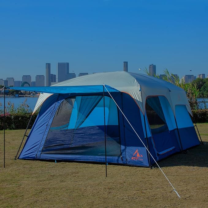 KTT Extra Large Tent 10-12-14 Person(A),Family Cabin Tents,2 Rooms,3 Doors and 3 Windows with Mesh,Straight Wall,Waterproof,Double Layer,Big Tent for Outdoor,Picnic,Camping,Family Gathering
