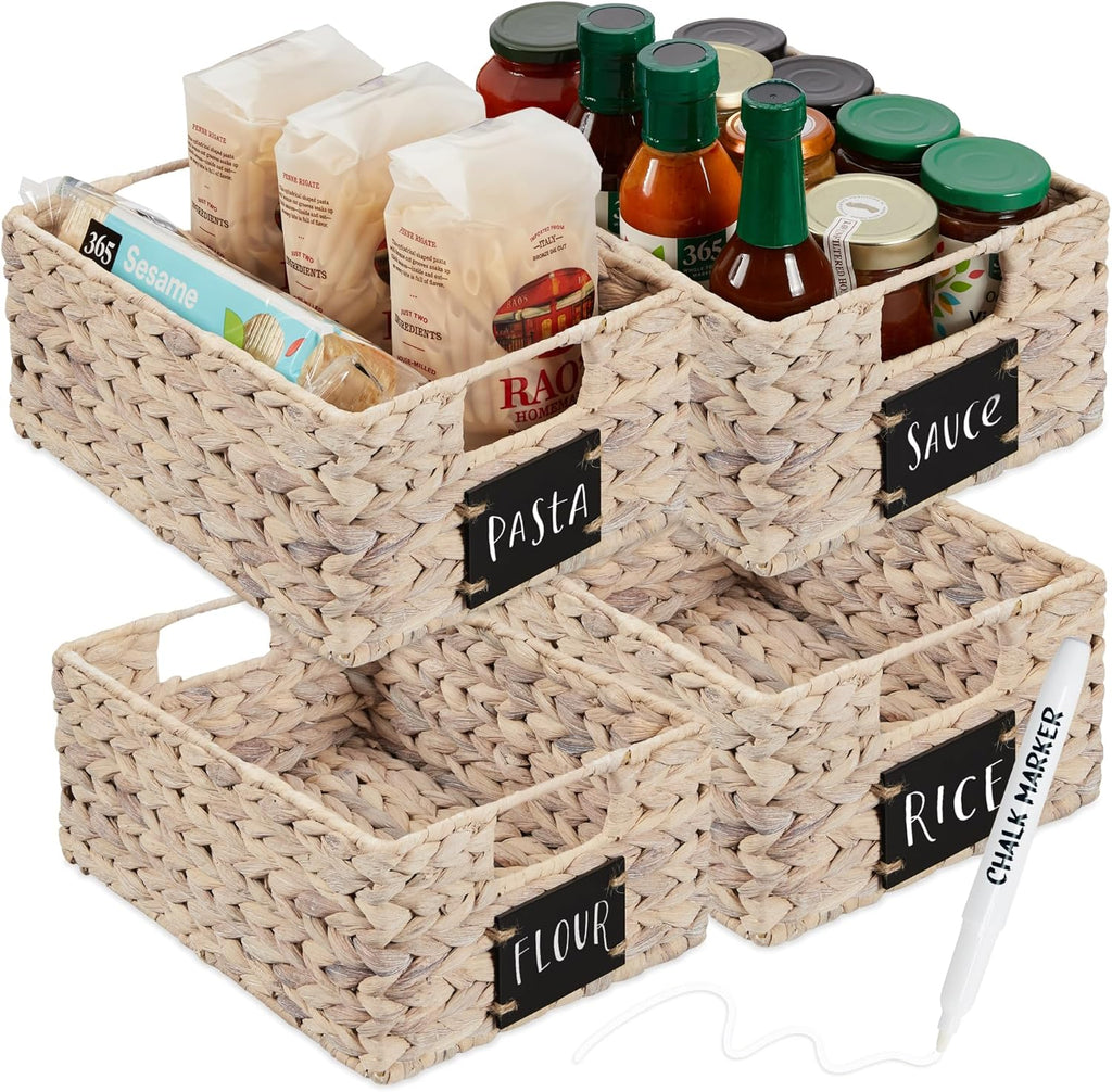 Best Choice Products Set of 4 9x12in Water Hyacinth Pantry Baskets, Woven Organizers w/Chalkboard Label, Chalk Marker - White