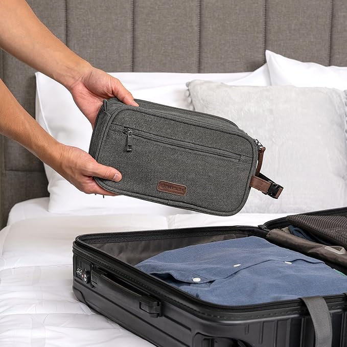PAVILIA Toiletry Bag for Men Women, Canvas Travel Dopp Kit, Water Resistant Hygiene Bag Toiletries Organizer, Shaving Kit Travel Accessories Bag, Grey
