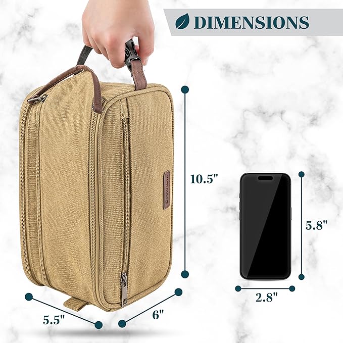 PAVILIA Toiletry Bag for Men, Canvas Travel Dopp Kit, Water Resistant Hygiene Bag Toiletries Organizer, Shaving Kit Travel Accessories Bag, Tan Khaki