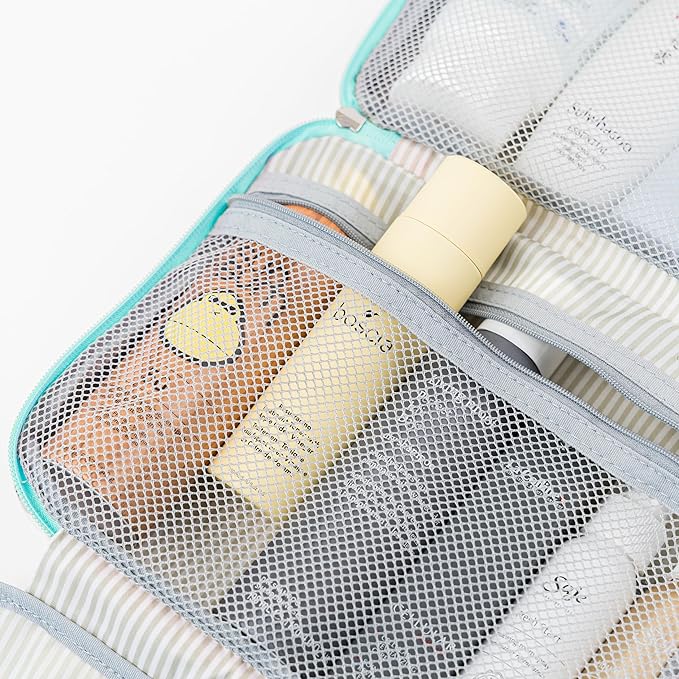 PAVILIA Hanging Toiletry Bag Travel Bag Women Men, Foldable Cosmetic Organizer, Roll up Makeup Bag, Water Resistant Accessories Toiletries, Large Travel Essentials Kit (Teal Chevron)