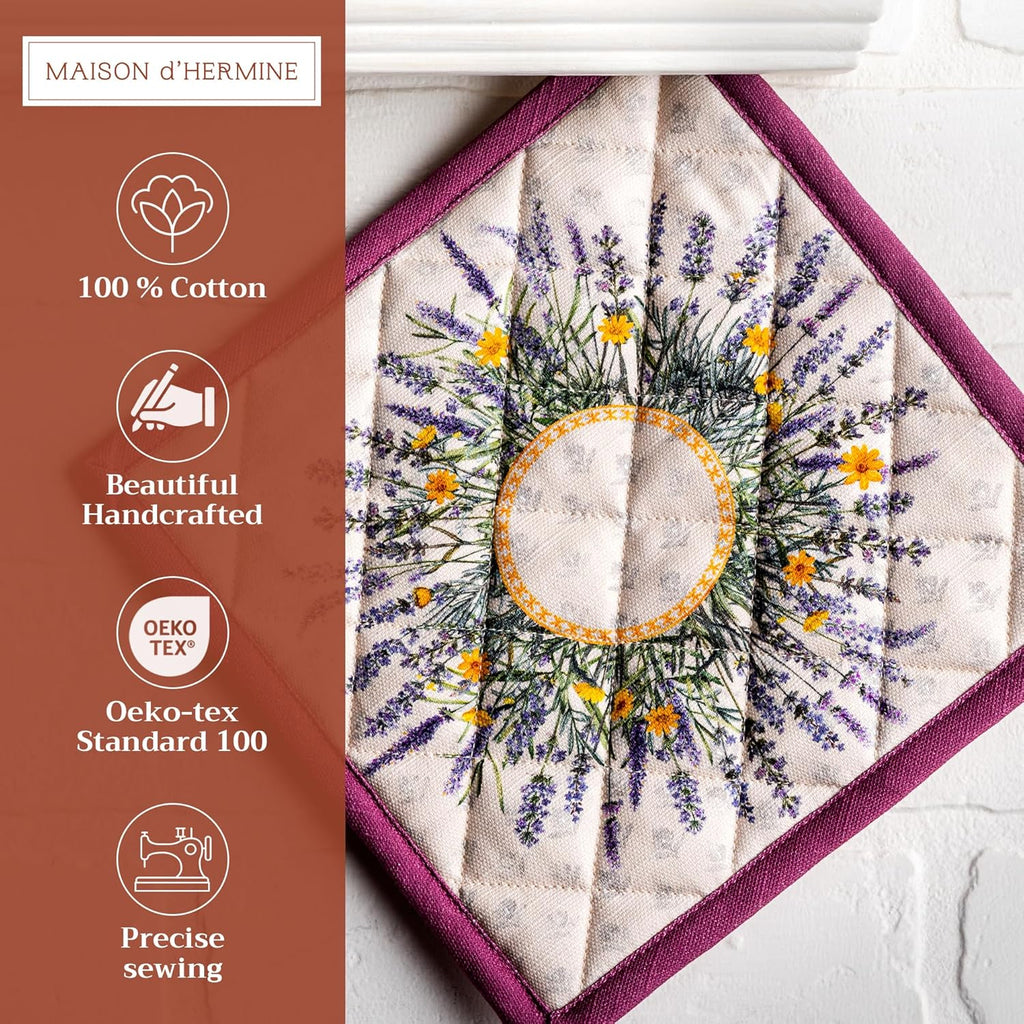 Maison d' Hermine Pot Holders 100% Cotton Heat Resistant Potholders 8" x 8" Hot Pads with Loop BBQ, Cooking, Baking, Grilling, Kitchen, Handling Hot Pans Spring/Summer (Pack of 1, Fanny Lavender)
