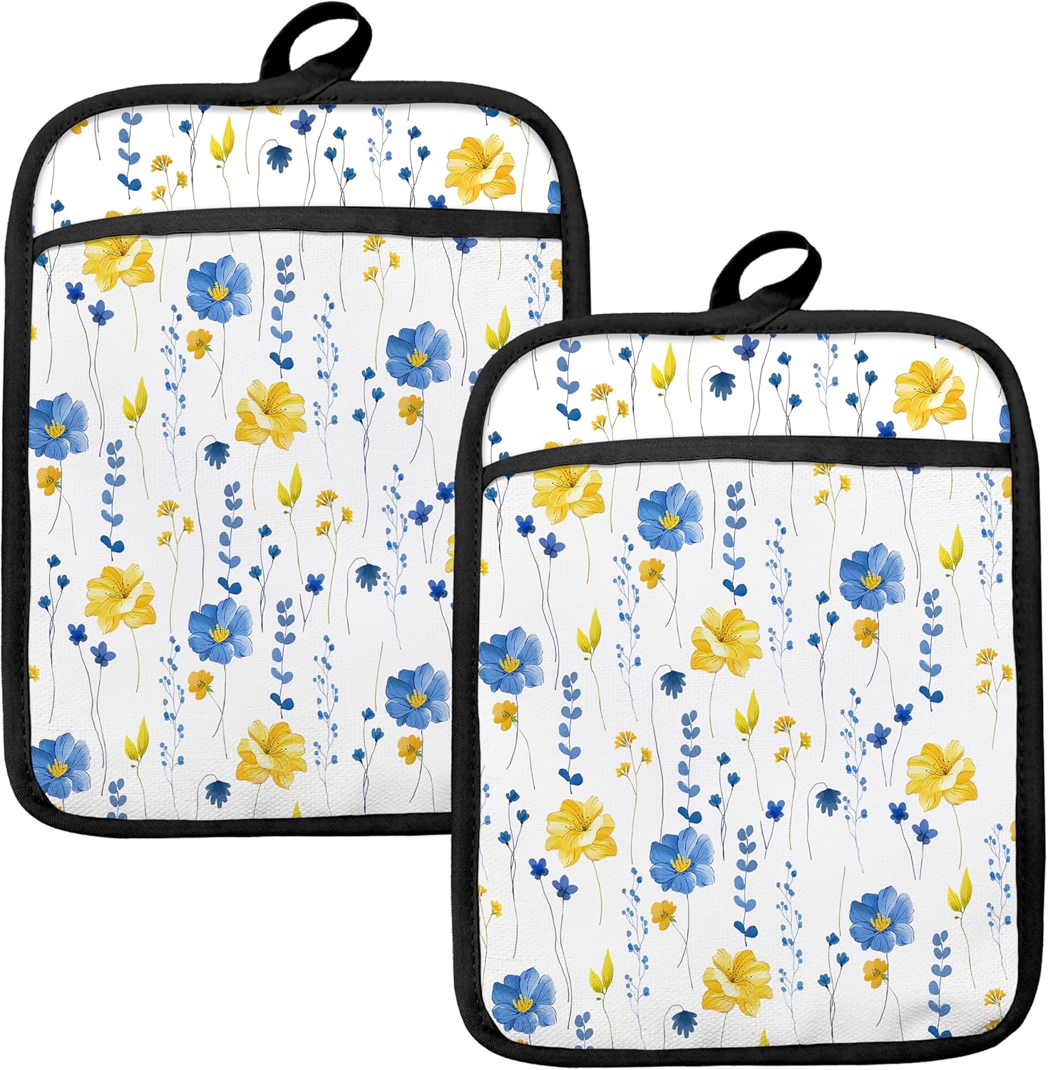 Blue and Yellow Floral Oven Mitts Set, Blue Flower Floral Heat Resistant Kitchen Oven Gloves for Baking and Cooking,Pot Holders