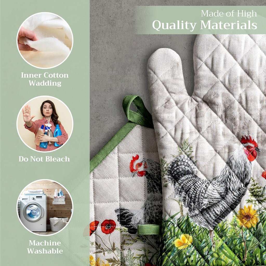 Maison d' Hermine 100% Cotton Oven Mitt & Pot Holder Set (7.5"x13" & 8"x8") Heat Resistant BBQ Cooking Gloves with Loop, Baking, Grilling, Kitchen, Handling Hot Pans Spring/Summer (Basse Cour)