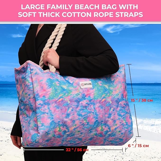 SHYLERO Beach Bag and Pool Bag. Has Airtight Pouch, Ton of Pockets. Beach Tote is Zippered, Water Resistant. Family Size