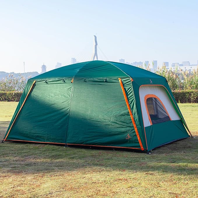 KTT Extra Large Tent 10-12-14 Person(A),Family Cabin Tents,2 Rooms,3 Doors and 3 Windows with Mesh,Straight Wall,Waterproof,Double Layer,Big Tent for Outdoor,Picnic,Camping,Family Gathering