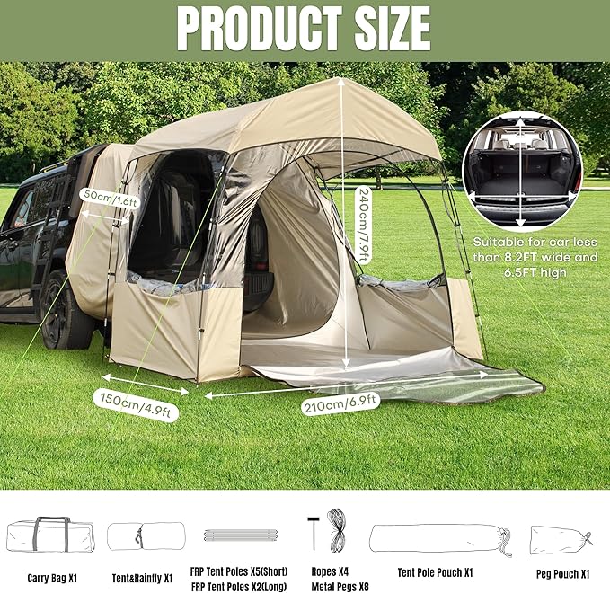 Auveach SUV Tent for Camping for 3-4 Person, 6.8 FT Clear PVC Bubble Car Tent with 9.5mm Thick Poles, SUV Tailgate Tent with Waterproof PU4000mm and Anti-UV Coating for Camping Fishing Activities