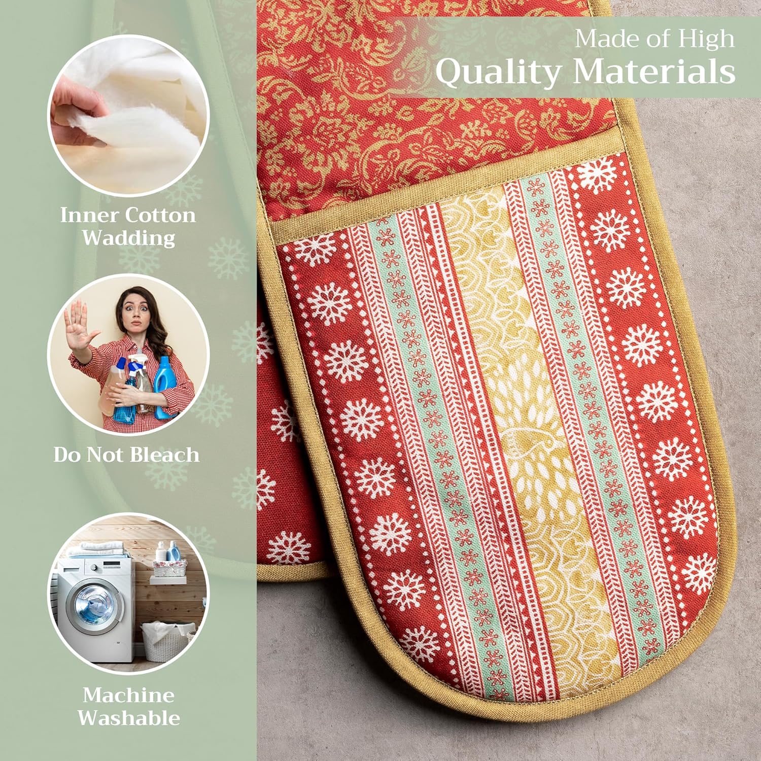 Maison d' Hermine Double Oven Mitts 100% Cotton 7"x35" Double Oven Mitt Heat Resistant BBQ Cooking Gloves with Loop, Baking, Grilling, Home, Kitchen, Handling Hot Pans (Sofia)