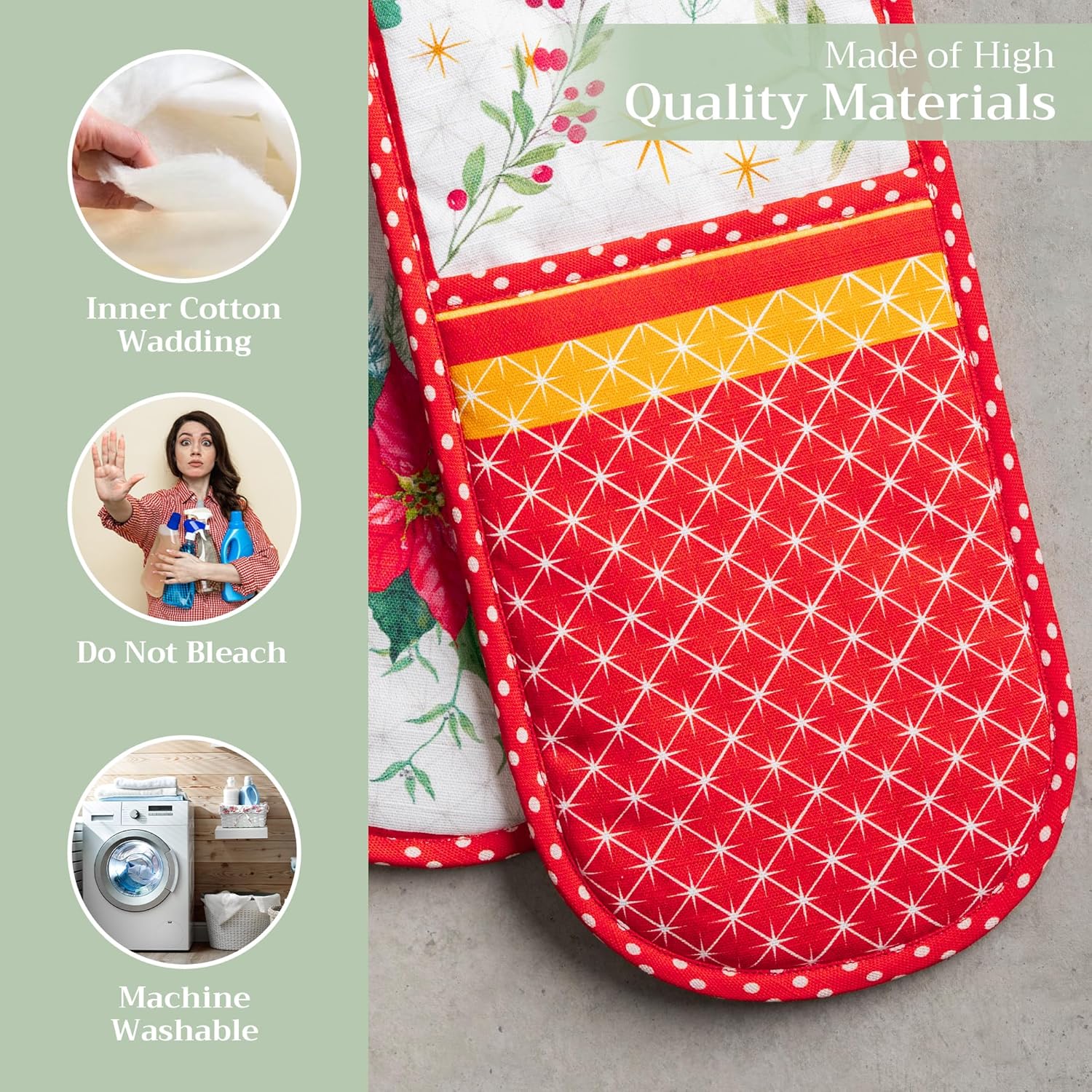 Maison d' Hermine Double Oven Mitts 100% Cotton 7"x35" Double Oven Mitt Heat Resistant BBQ Cooking Gloves with Loop, Baking, Grilling, Home, Kitchen, Handling Hot Pans (Poinsettia Christmas)