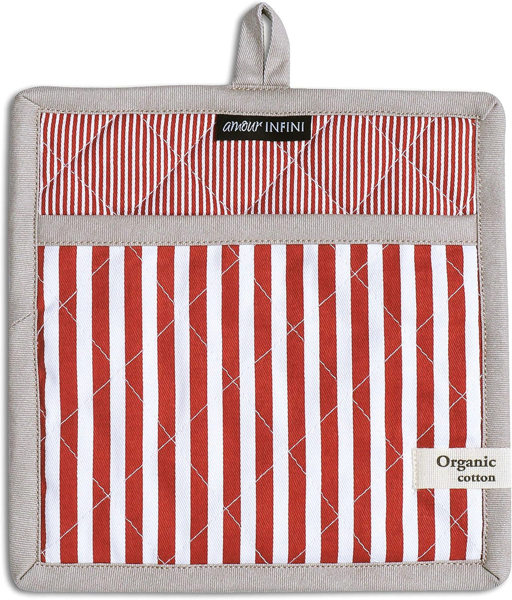 AMOUR INFINI Pot Holders Heat Resistant Cotton Set of 2 Nonslip 8"x8" Inch Hot Pads for Kitchen, BBQ, Baking & Cooking with Hanging Loops (Stripe Rust)