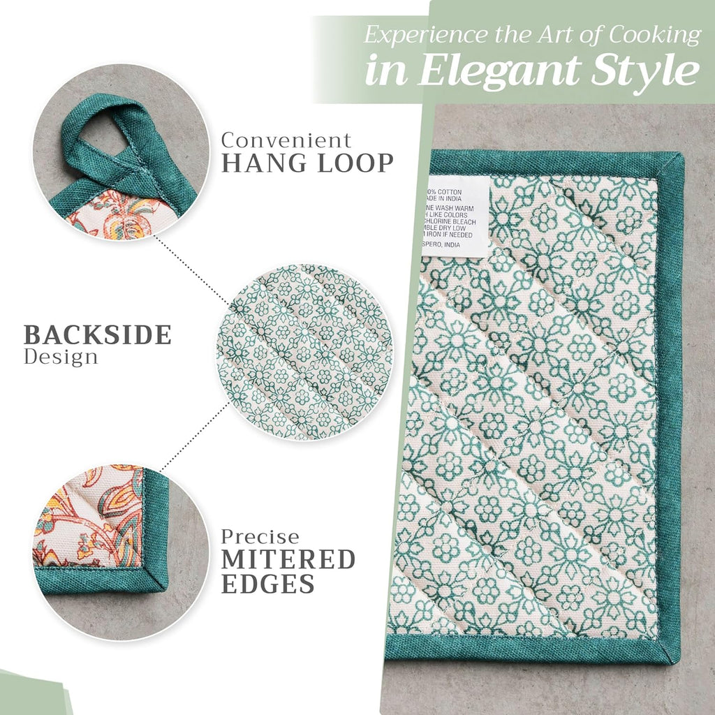 Maison d' Hermine Pot Holders Set 100% Cotton Heat Resistant Potholders 8" x 8" Hot Pads with Loop BBQ, Cooking, Baking, Grilling, Kitchen, Handling Hot Pans (Pack of 2, Nila)