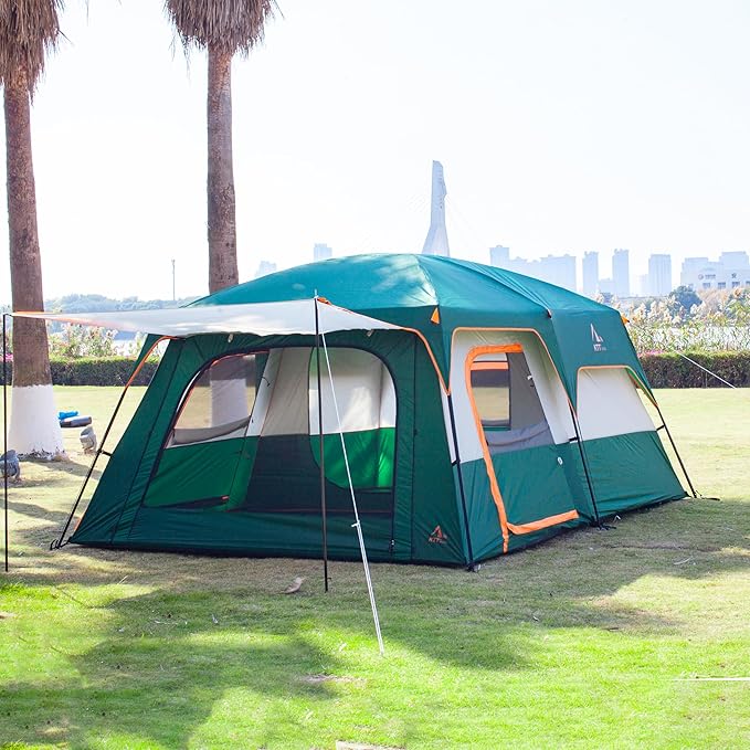 KTT Extra Large Tent 10-12-14 Person(B),Family Cabin Tents,2 Rooms,3 Doors and 3 Windows with Mesh,Straight Wall,Waterproof,Double Layer,Big Tent for Outdoor,Picnic,Camping,Family Gathering