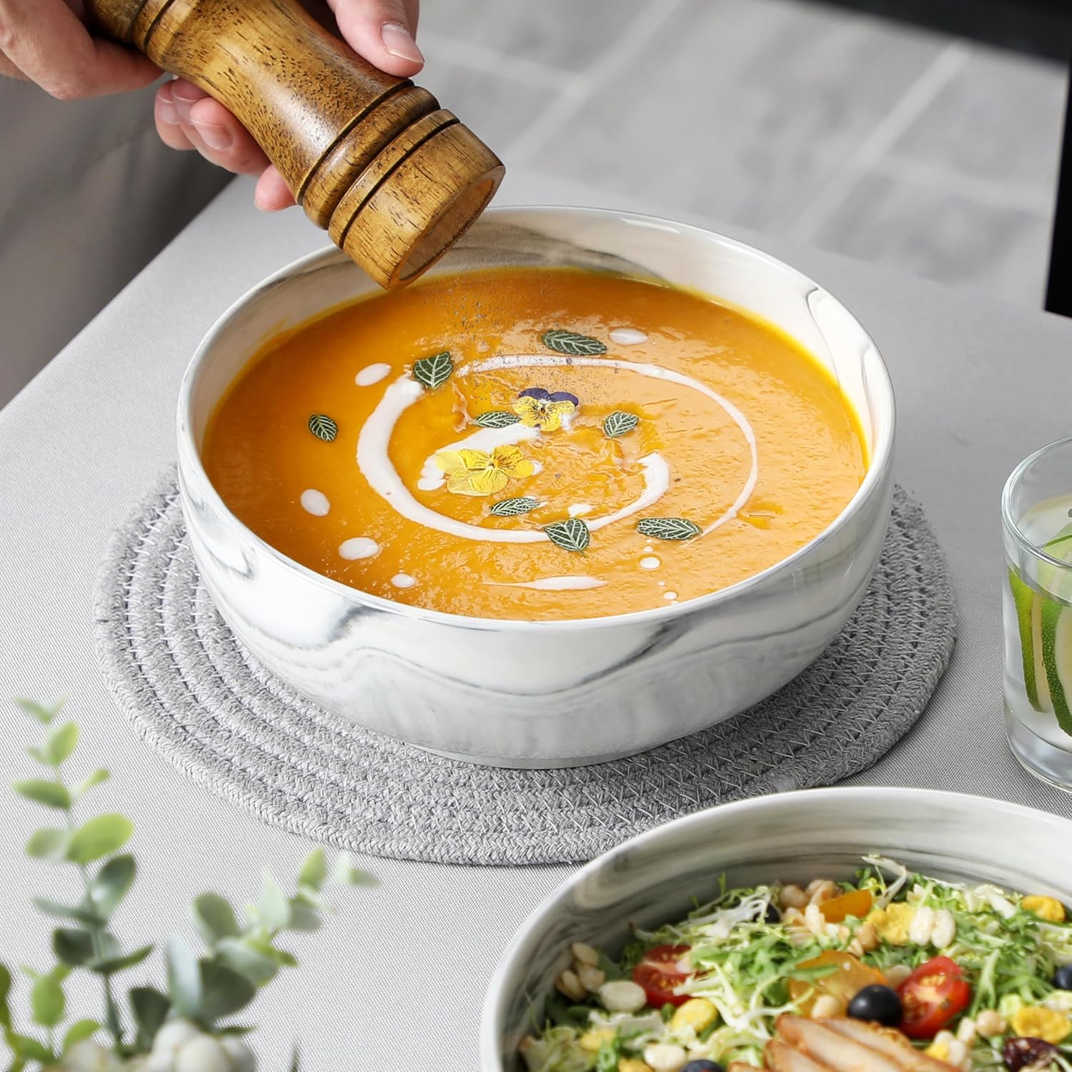 MALACASA Large Serving Bowls, 60 OZ (8'') Salad Bowls Set of 2, Ceramic Mixing Bowls for Kitchen, Serving Bowl for Soup, Pasta, Side Dishes and Entertaining, Marble Grey, Series REGULAR