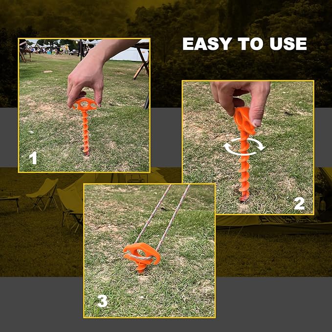 Tent Stakes Sand Stakes for Beach Tent Spiral Anchor Stakes 9.4 Inch Heavy Duty Screw Canopy Stakes for Camping, Hiking and More (6, Orange)