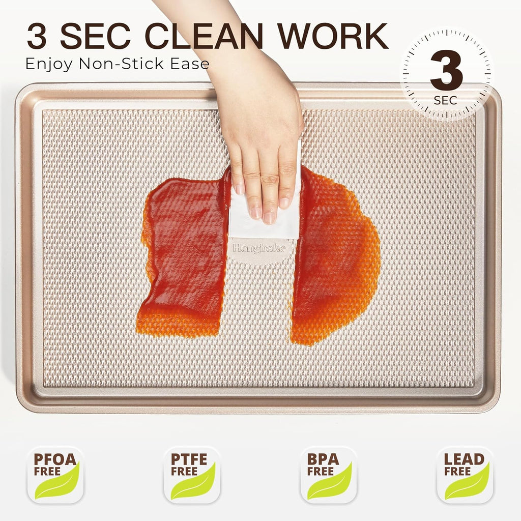 HONGBAKE Baking Sheet Pan Set of 3, Cookie Sheets for Oven, Nonstick Half/Quarter/Jelly Roll Pans with Diamond Texture Pattern, 0.8mm Thick Heavy Duty Cookie Tray, Champagne Gold