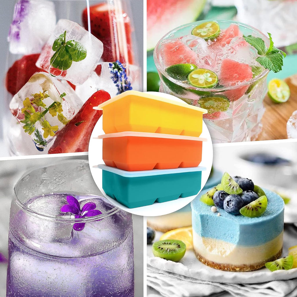 Silicone Ice Cube Trays 3 Pack - Large Size Silicone Ice Cube Molds with Leak Proof Removable Lid Square Ice Cube Tray And BPA Free for Cocktail,Whiskey, Stackable Flexible Ice