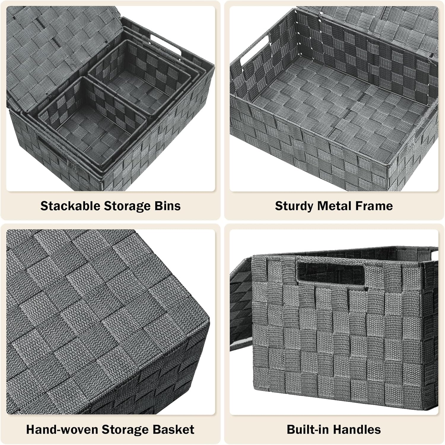 Storage Bins with Lids, Woven Storage Box Organizer Containers Decorative Baskets Cube for Clothes Bedroom Closet Office (5 Pack, Grey)