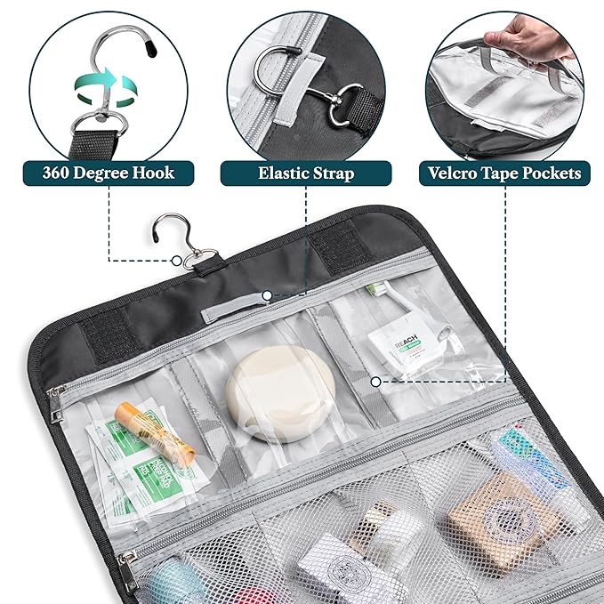 PAVILIA Hanging Toiletry Bag Women Men, Travel Kit Foldable Large Toiletries Organizer, Roll up Cosmetics Makeup Bag Accessories, Waterproof Essentials Jewelry Case (Black)