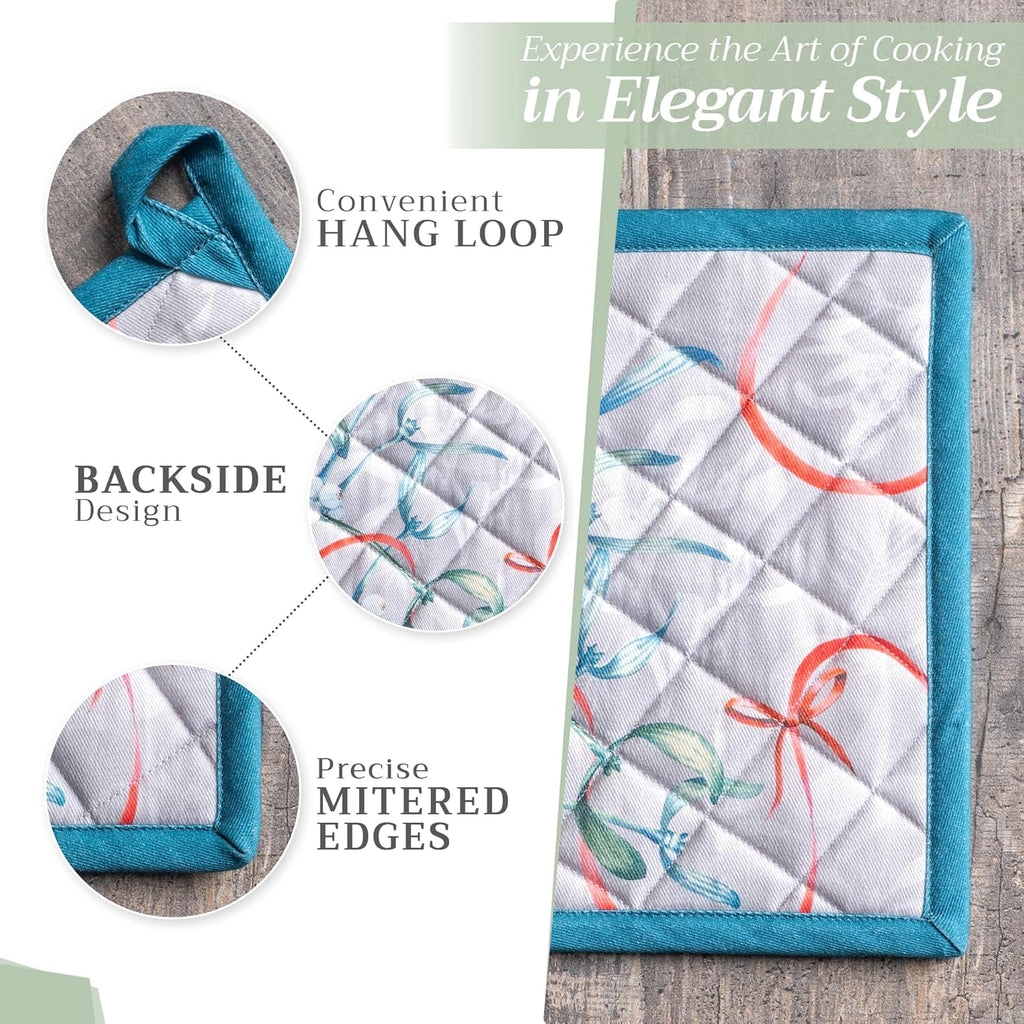 Maison d' Hermine Pot Holders Set 100% Cotton Heat Resistant Potholders 8" x 8" Hot Pads with Loop BBQ, Cooking, Baking, Grilling, Kitchen, Handling Hot Pans (Pack of 1, Enora)