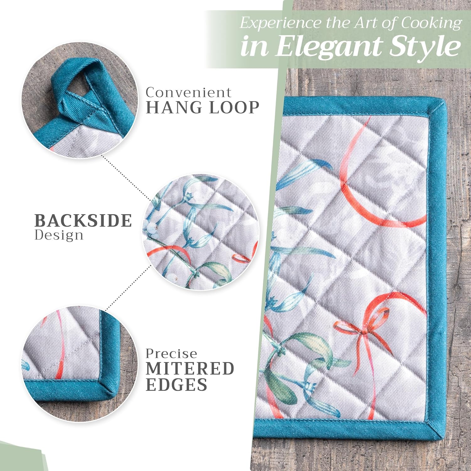 Maison d' Hermine Pot Holders Set 100% Cotton Heat Resistant Potholders 8" x 8" Hot Pads with Loop BBQ, Cooking, Baking, Grilling, Kitchen, Handling Hot Pans (Pack of 1, Enora)