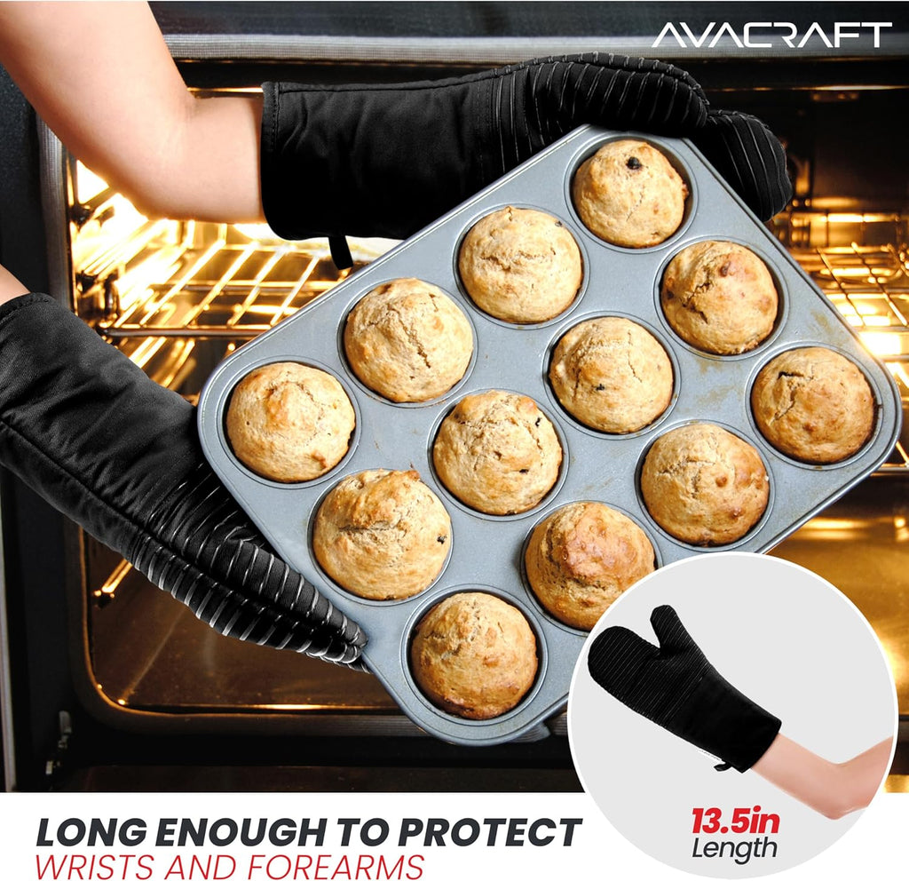 AVACRAFT Oven Mitts Pair, Black - Flexible, 100% Cotton with Unique Heat Resistant Food Grade Silicone, Thick Terry Cloth Interior, 500 F Heat Resistant