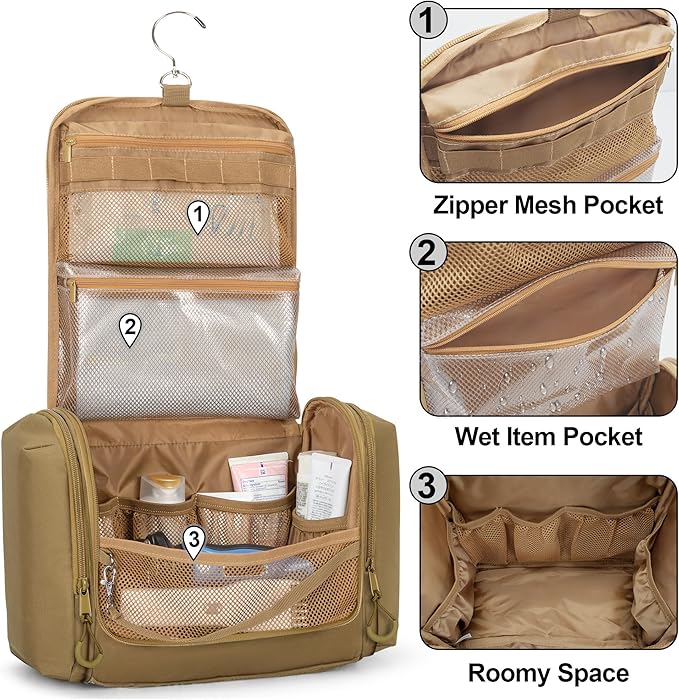 Tactical Toiletry Travel Bag for Men, Hanging Dopp Kit Hygiene Bag Shower Organizer with Hook for Toiletries and Shaving Care, Khaki (Empty Bag)