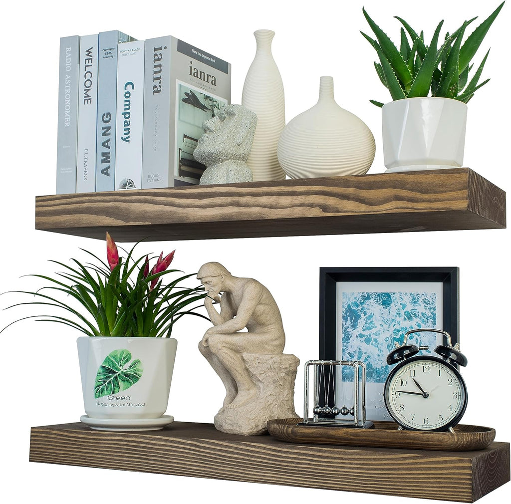Rustic Floating Shelves 24 inch Long 8 inch deep Set of 2, Solid Wood Wall Shelves for Bathroom Living Room Kitchen,Book Shelf for Wall, Wall Mounted Shelves with Hidden Bracket- Walnut