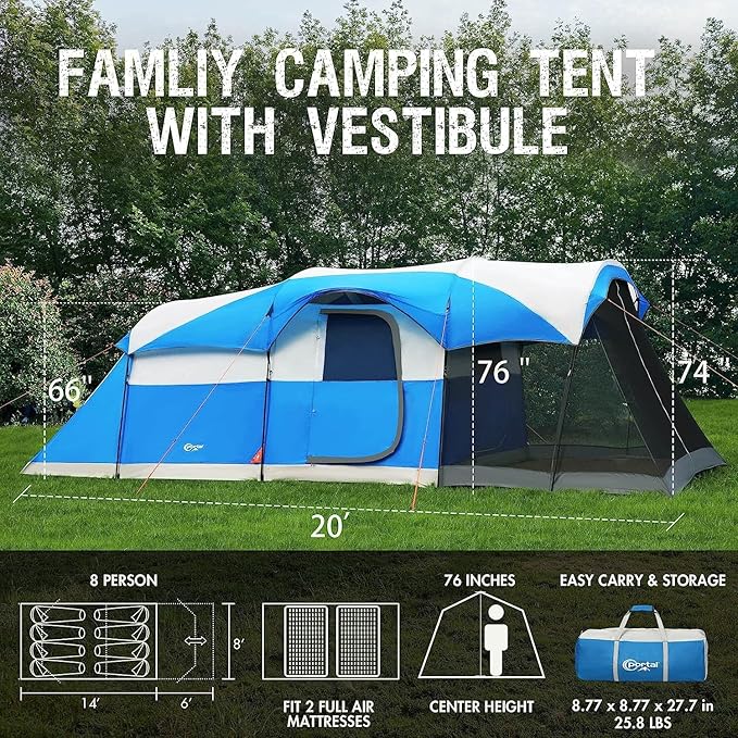 PORTAL 6/8/10 Person Family Camping Tent with Screen Room, Water Resistant Big Tunnel Tent with Rainfly, Large Family Tent for Outdoor Camping, Party