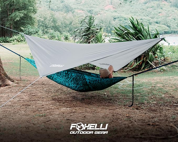 Foxelli Hammock Rain Fly - Waterproof Lightweight Tent & Hammock Rain Tarp for Camping, Backpacking w/Easy Setup Including Extra Long Guy Lines & Stakes