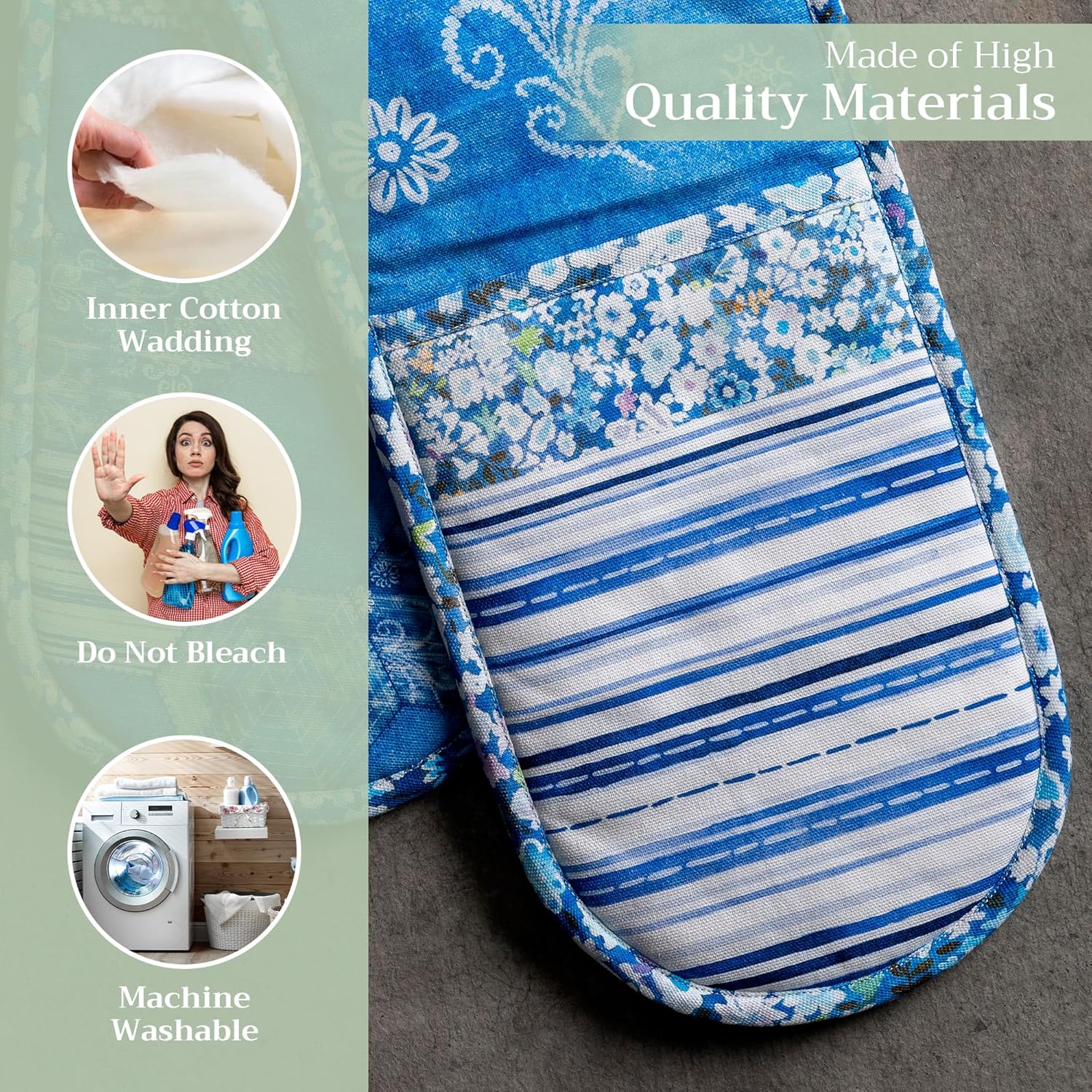 Maison d Hermine Summer Blue 100% Cotton Easter Double Oven Glove with Loop Heat Resistant for BBQ | Cooking | Baking | Grilling | Microwave | Barbecue | Spring/Summer (7.5 Inch by 35 Inch)