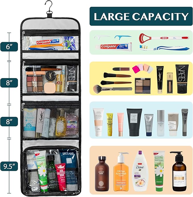 PAVILIA Travel Hanging Toiletry Bag for Women Men, Large Capacity Makeup Bag Kit, Waterproof Cosmetic Storage Organizer Case for Bathroom Shower, Black
