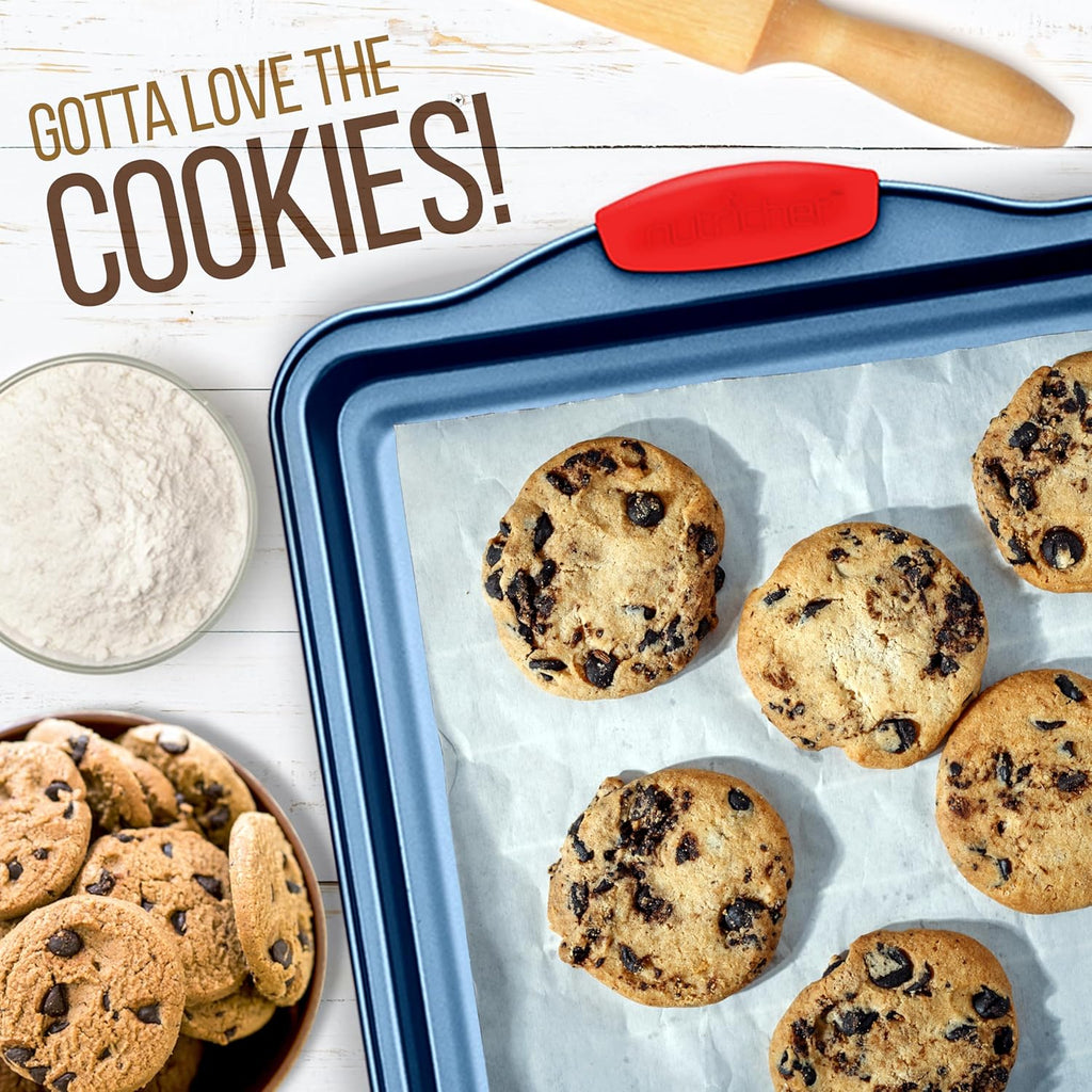 NutriChef Nonstick 3-Piece Baking Pans Set – Carbon Steel Bakeware with Blue Coating Inside & Outside and Red Silicone Handles, Durable and Reliable, Effortless Baking and Easy Cleanup (Blue)