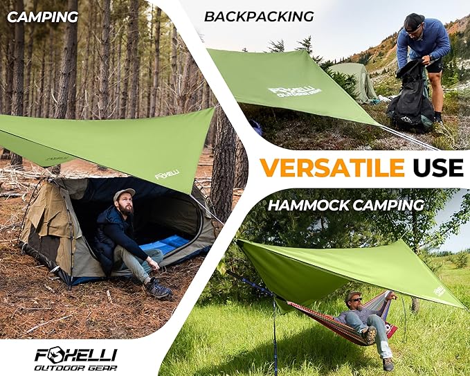 Foxelli Hammock Rain Fly - Waterproof Lightweight Tent & Hammock Rain Tarp for Camping, Backpacking w/Easy Setup Including Extra Long Guy Lines & Stakes