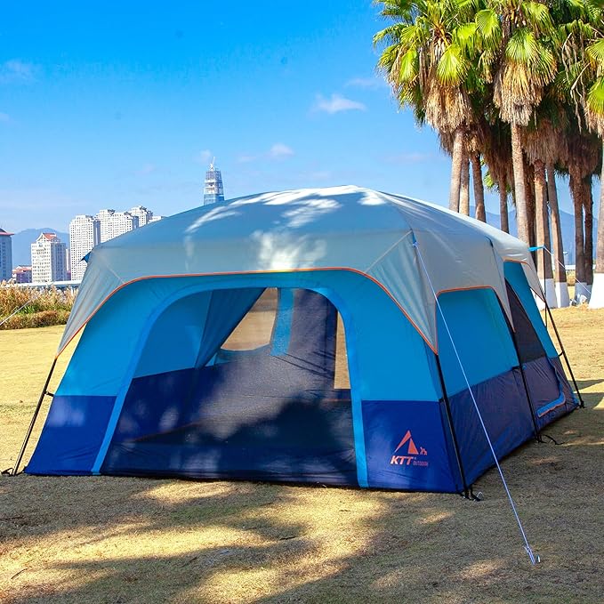 KTT Extra Large Tent 10-12-14 Person(A),Family Cabin Tents,2 Rooms,3 Doors and 3 Windows with Mesh,Straight Wall,Waterproof,Double Layer,Big Tent for Outdoor,Picnic,Camping,Family Gathering