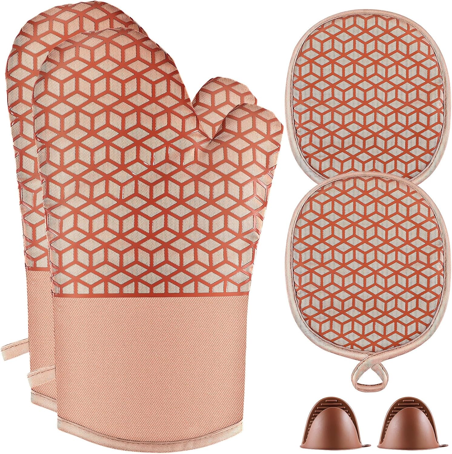 Oven Mitts And Pot Holders Set 6Pcs,Kitchen Oven Glove,High Heat Resistant 500°F Large Size Oven Mits And Potholders With Soft Cotton Lining And Non-Slip Silicone Surface For Cooking (Brown)